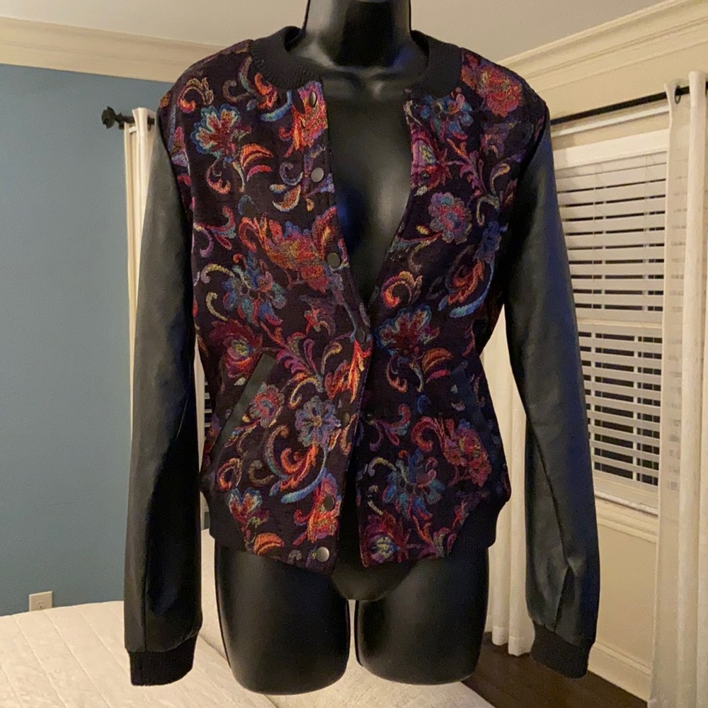 Women’s Forever 21 Jacket. Multicolor embroidery w/ faux leather sleeves.